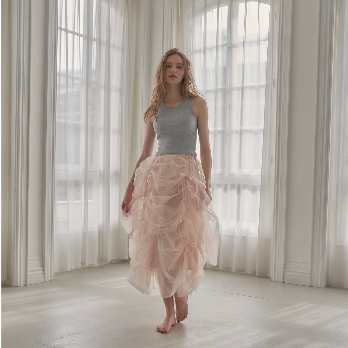 Ballerina drawstring ribbon skirt (pink)