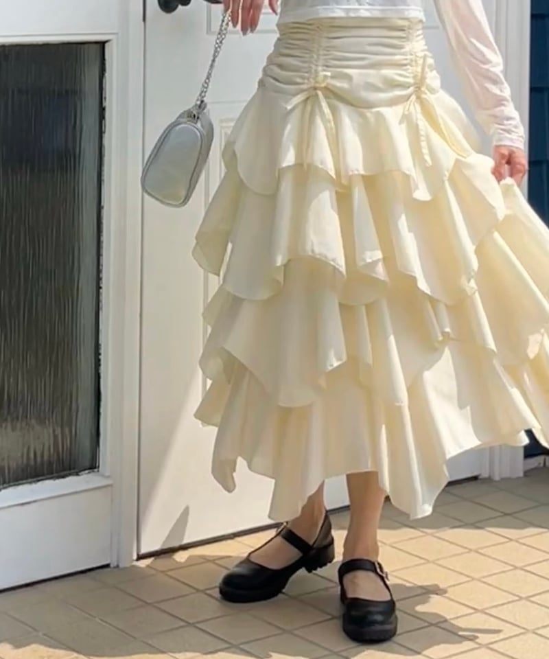 スカート drawstring ribbon tiered long skirt drawstring ribbon tiered long skirt - スカート