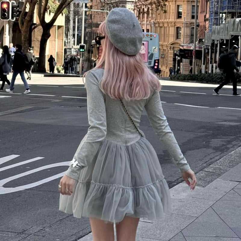 ワンピース Ballet docking tulle mini dress Ballet docking tulle mini dress gray