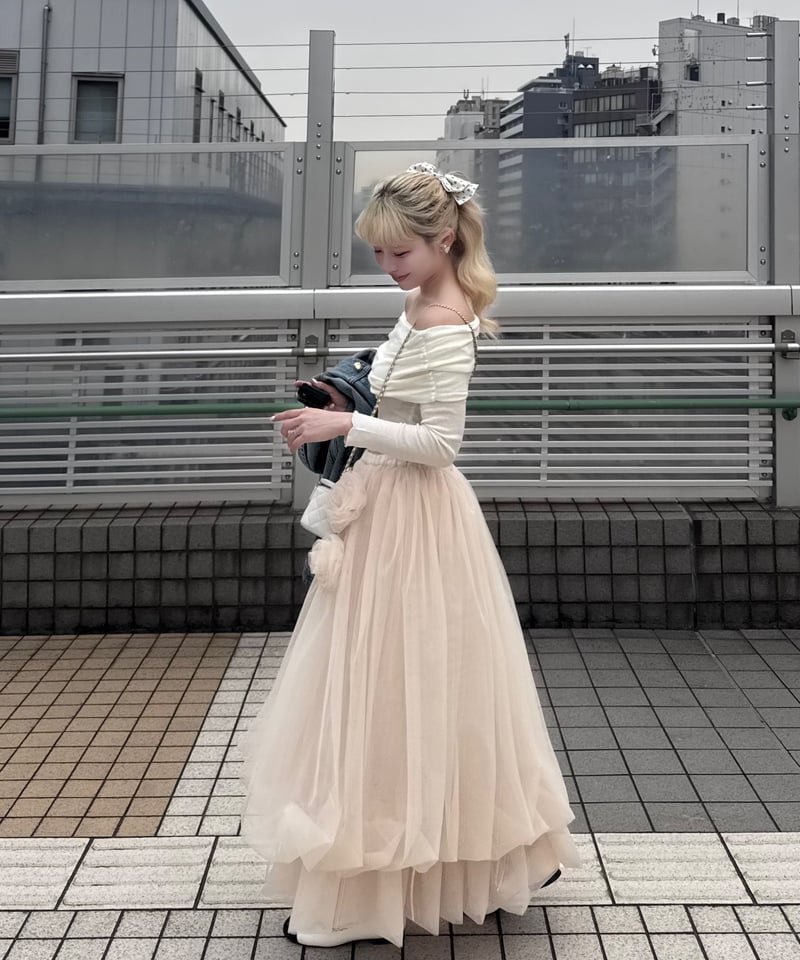 Rose motif ribbon tulleskirt (long)pink