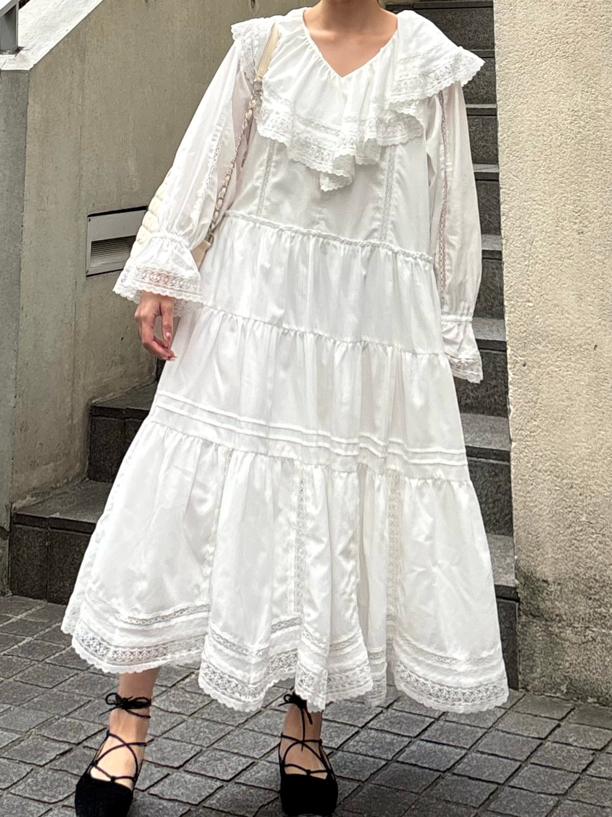 lace frill collar cotton long one piece | Treat