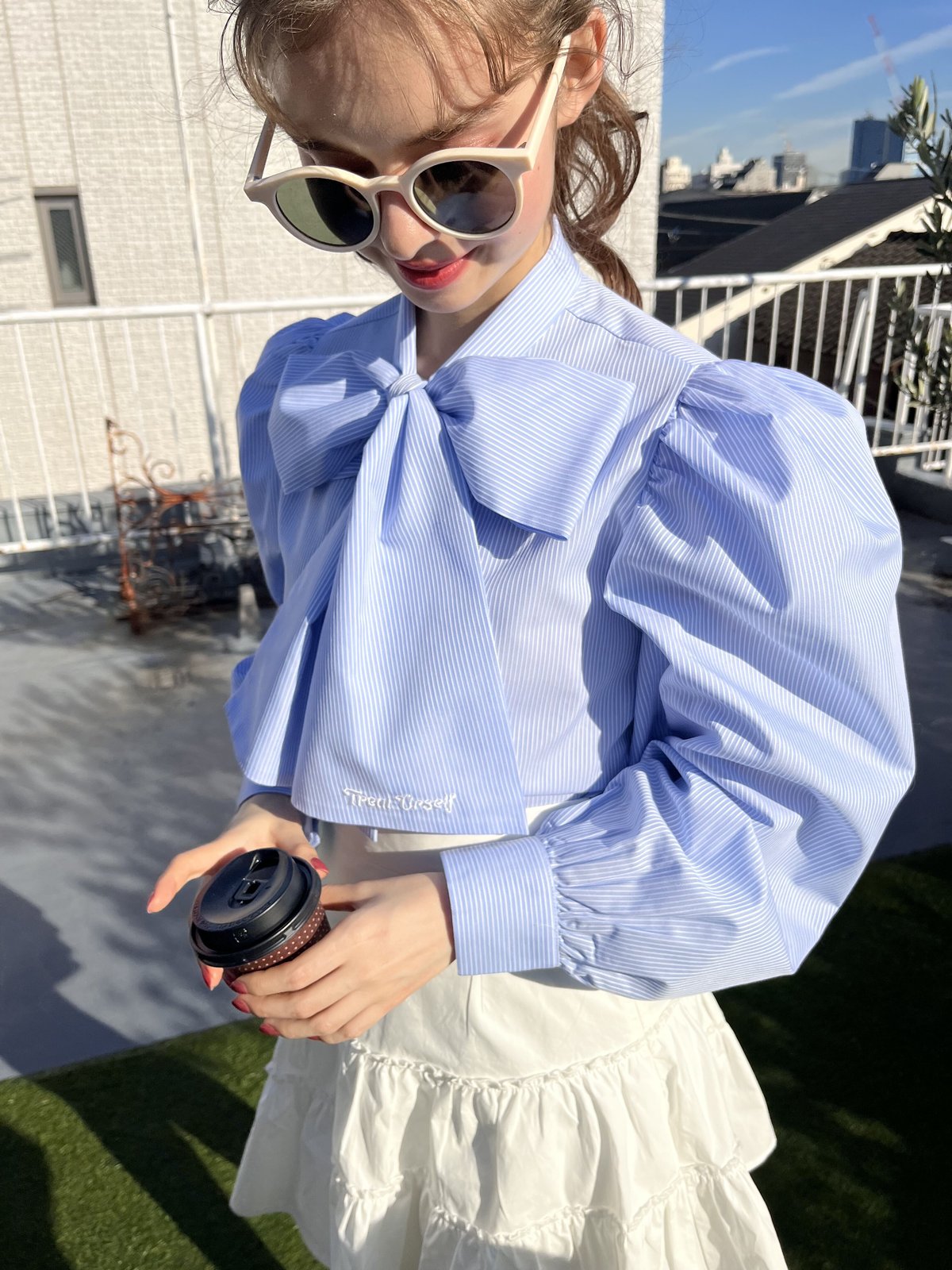 Treat ürself ribbon tie blouse bot