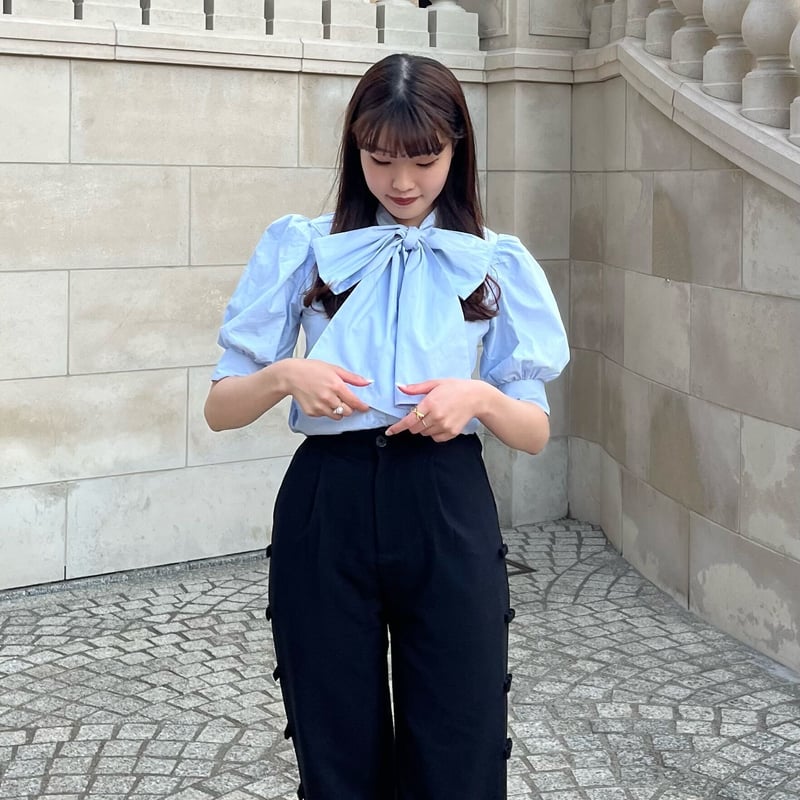 Kitten ribbon tie blouse(blue) | Treat ürself