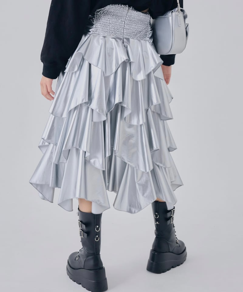 drawstring ribbon tiered long skirt