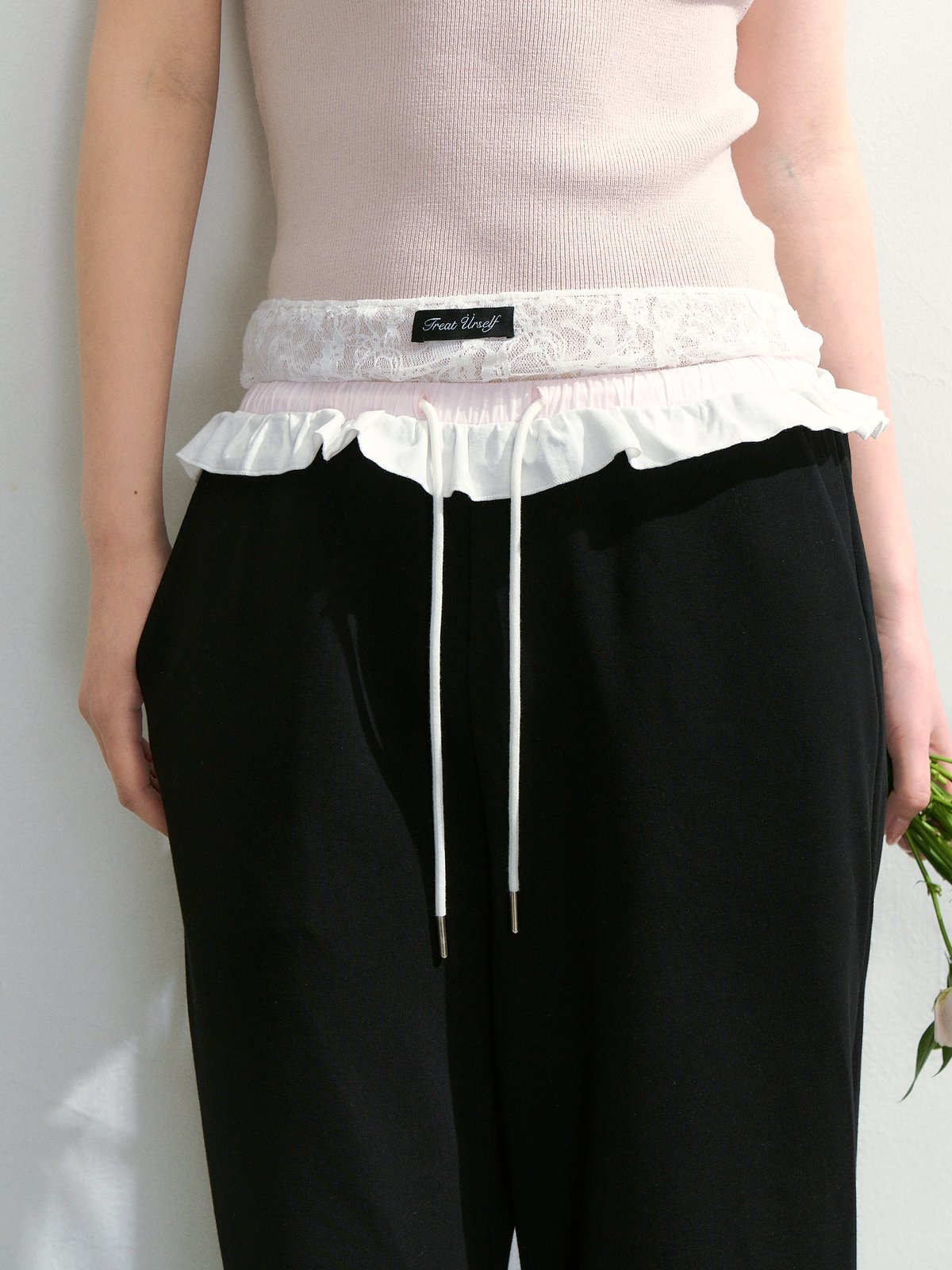 Treat ürself Double waist lace pants 黒 Double waist lace