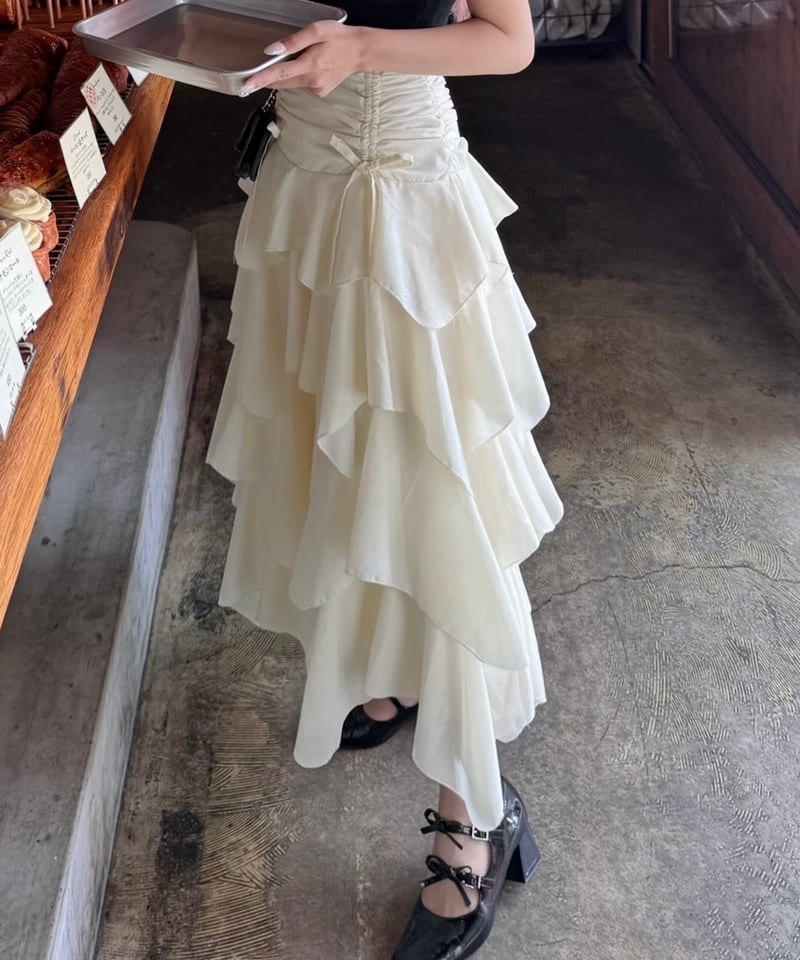 drawstring ribbon tiered long skirt
