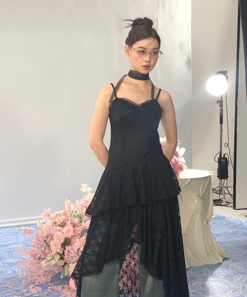 asymmetry lacy cami one-piece (black) | Treat ü