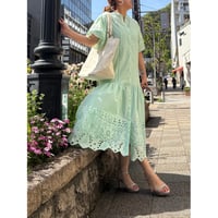 カットワークレース前開きワンピース　ミントグリーン