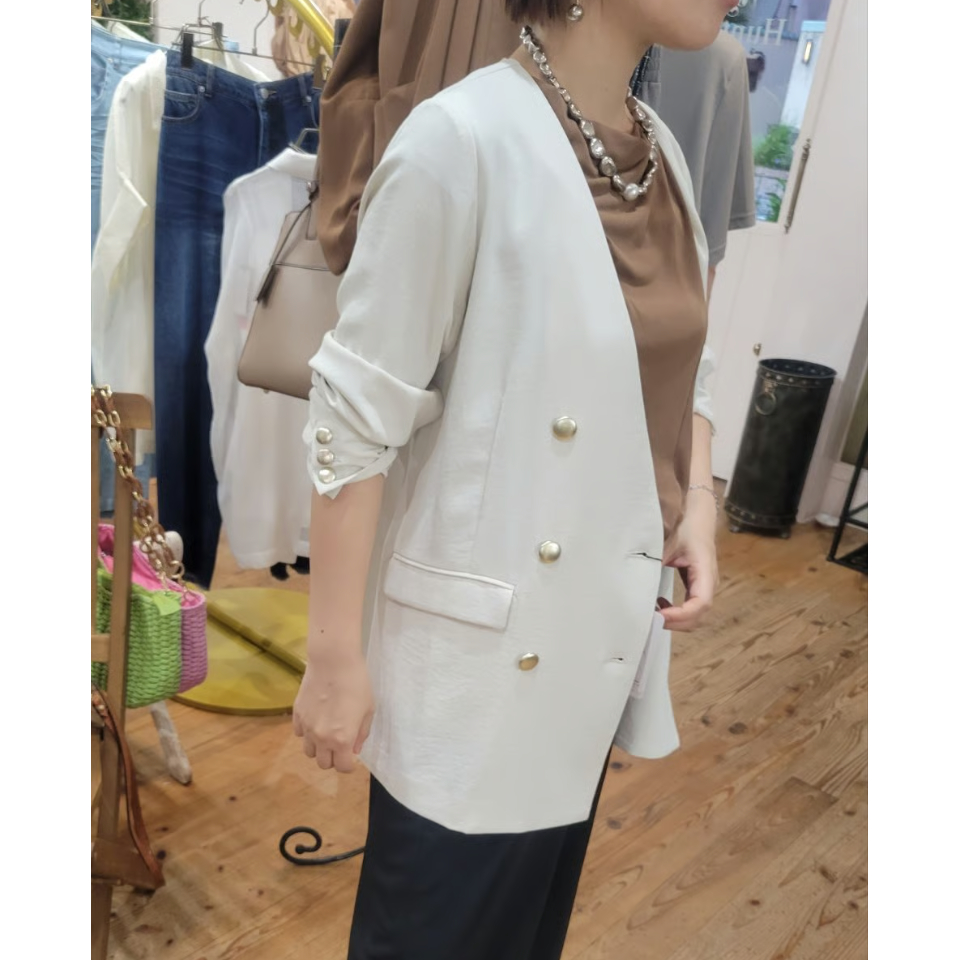 接触冷感】ワッシャーダブル金ボタンジャケット オフホワイト