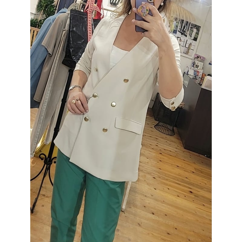 接触冷感】ワッシャーダブル金ボタンジャケット オフホワイト