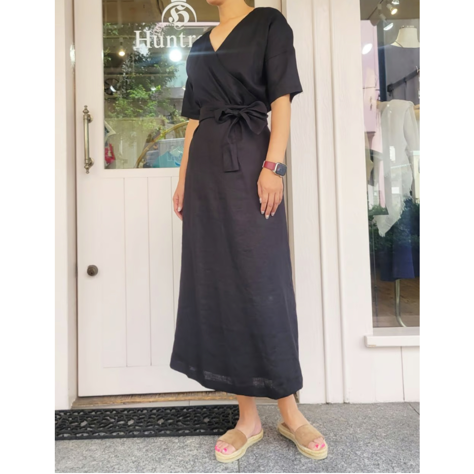 麻カシュクールワンピース 黒ブラック ネイビー | Huntress 