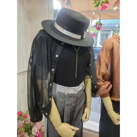 ストローハット　黒ブラック×グレー