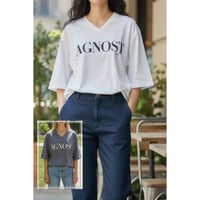 AGNOST VネックロゴTシャツ　白ホワイト　グレー