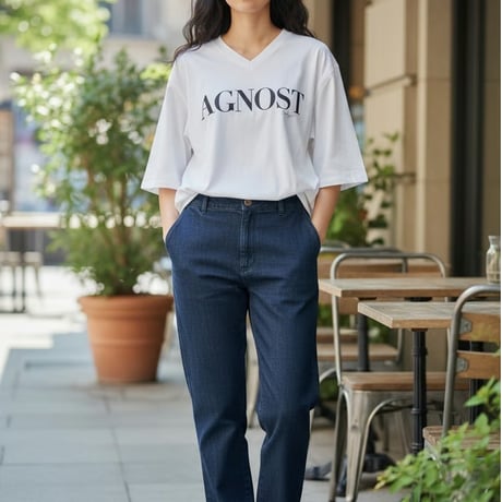 AGNOST VネックロゴTシャツ　白ホワイト　グレー