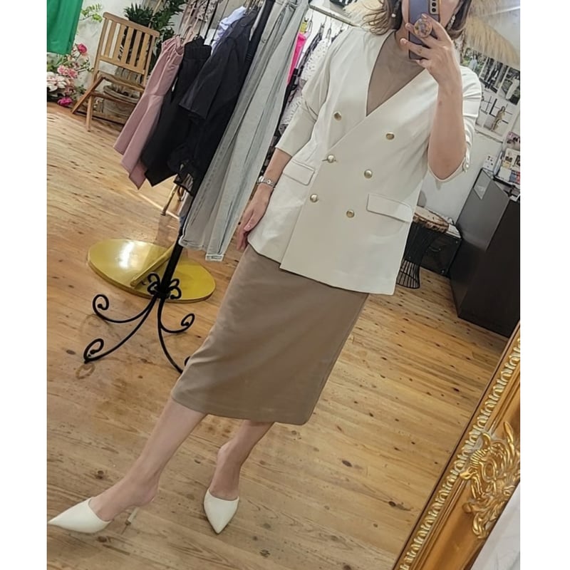 接触冷感】ワッシャーダブル金ボタンジャケット オフホワイト