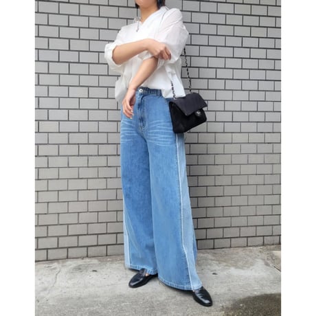 サイド配色ワイドデニムパンツ
