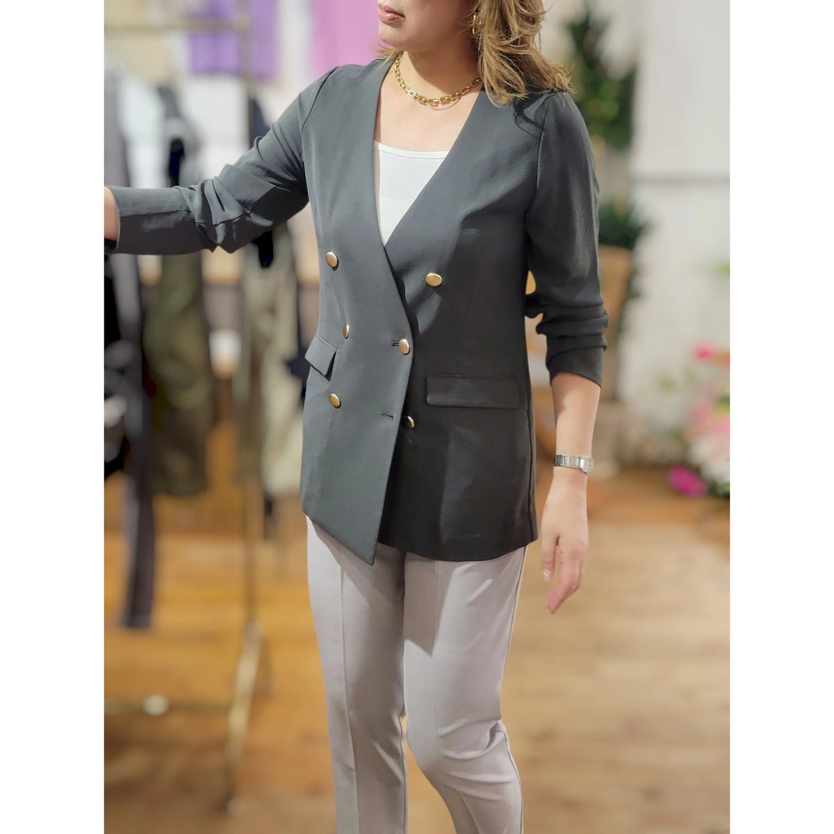 接触冷感】ワッシャーダブル金ボタンジャケット オフホワイト