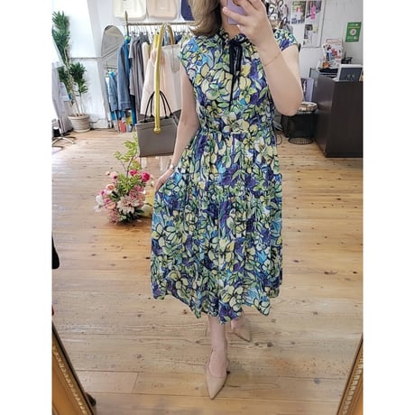 花柄リボンワンピース　ブルー×グリーン