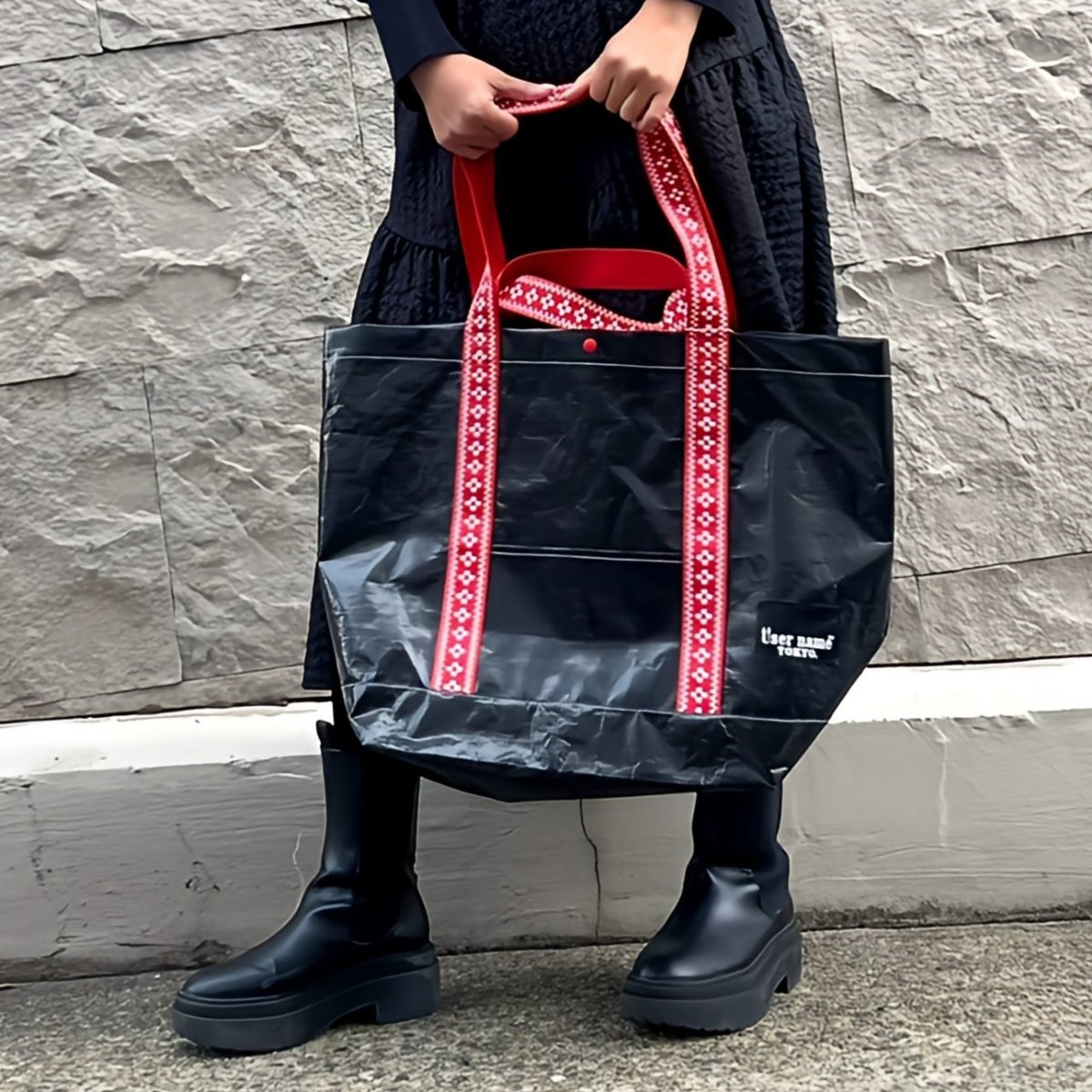 meitel99　トートバッグ　ブラック×レッド　カラビナ2個付き ビッグトートバッグ 黒ブラック×赤レッド | Huntress