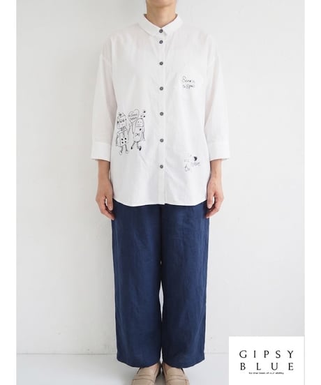 「綿ローン＋ステッチアート刺繍」チビ襟ワイドブラウス