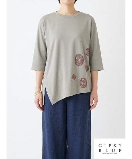 「シルケットコットンサークルプリント＋刺繍」スリットアシメティーシャツ