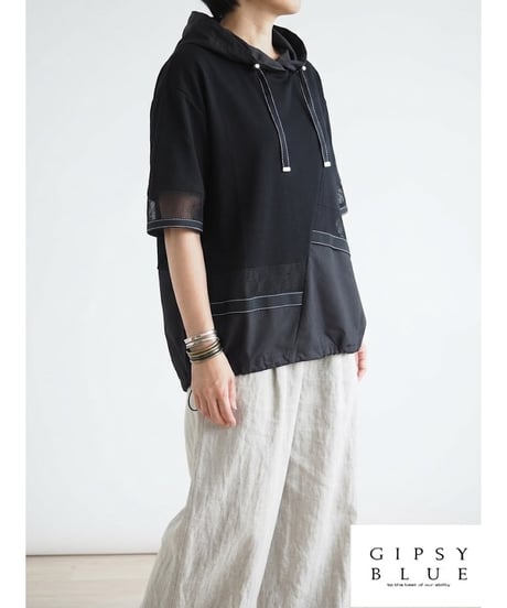 「接触冷感シルケット無地＋ボーダー」アシメチュニックフーディ