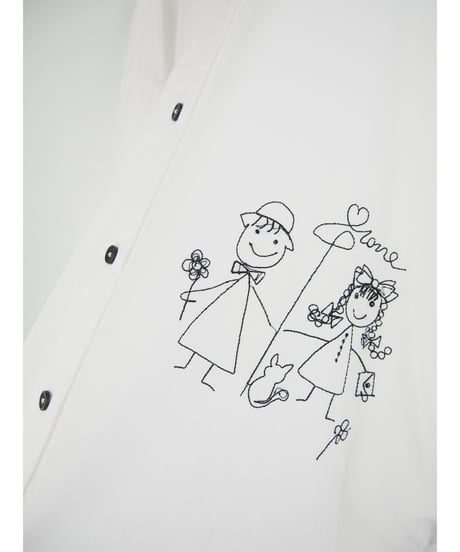 「綿ローン＋ステッチドローイング刺繍」バンドカラーワイドブラウス
