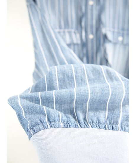 「STRIPE LAWN WASH DENIM」ポケット付ブラウスフーディ