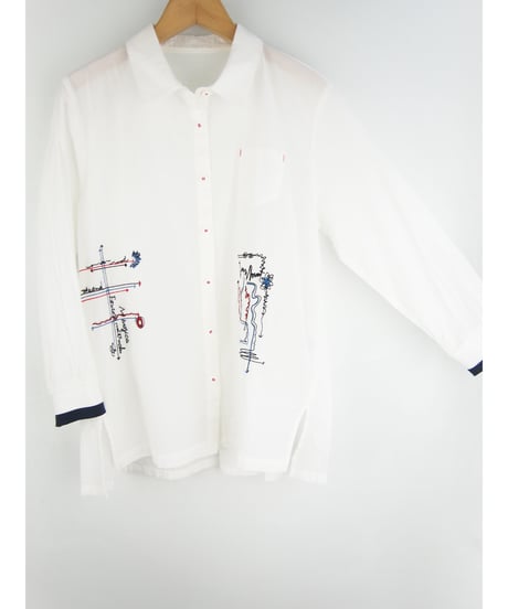 「綿ローン＋ステッチアート刺繍」シャツブラウス