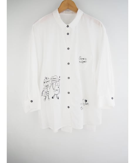 「綿ローン＋ステッチアート刺繍」チビ襟ワイドブラウス