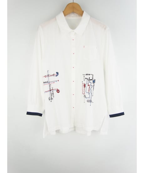 「綿ローン＋ステッチアート刺繍」シャツブラウス