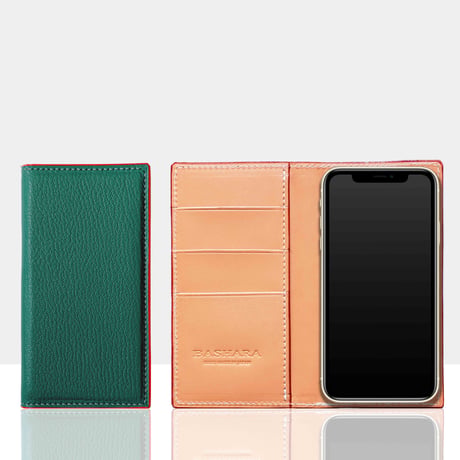シェーブルレザー　スマートフォンケース　iPhone各モデル対応　ビリジアン×ブラウン