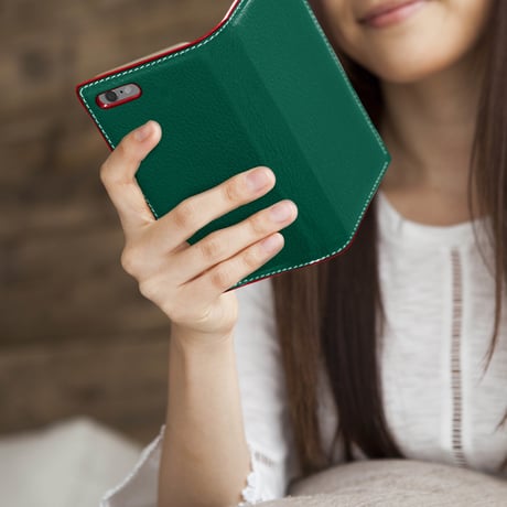 シェーブルレザー　スマートフォンケース　iPhone各モデル対応　ビリジアン×ブラウン