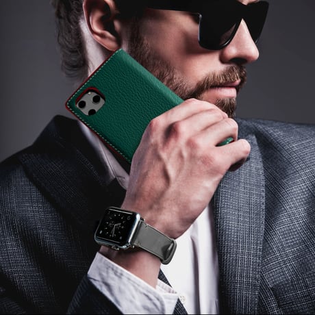 シェーブルレザー　スマートフォンケース　iPhone各モデル対応　ビリジアン×ブラウン
