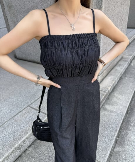 Denim Shirring Jumpsuit