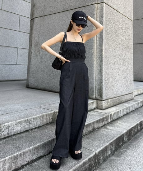 Denim Shirring Jumpsuit