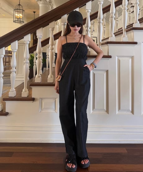 Denim Shirring Jumpsuit