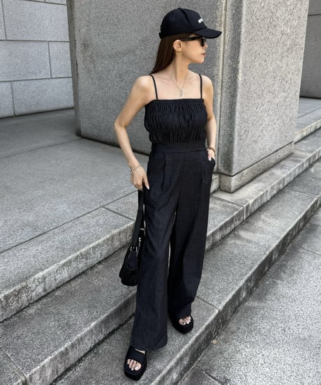Denim Shirring Jumpsuit