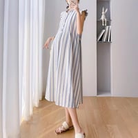 マタニティ　ワンピース　ミディ丈　ラウンドネック　ノースリーブ　ストライプ