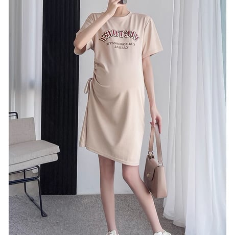 マタニティ　ワンピース　膝丈　ラウンドネック　Tシャツ　ロゴ