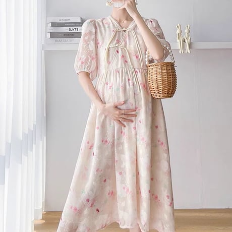 マタニティ　ワンピース　ミディ丈　フレア　シフォン　花柄
