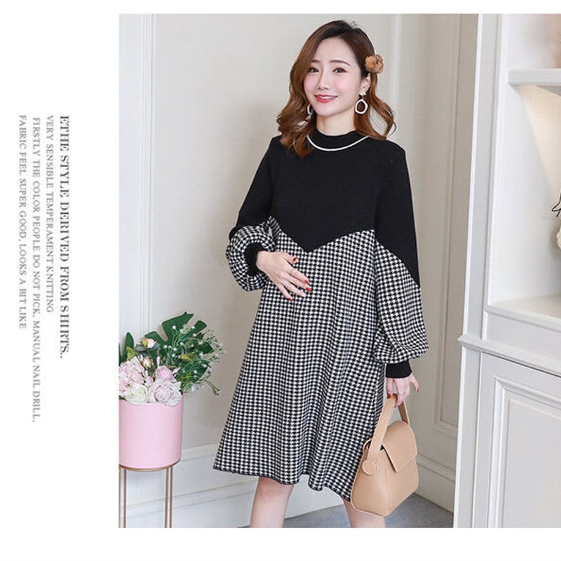 千鳥格子柄 Aライン ハイネック 切り替え マタニティワンピース