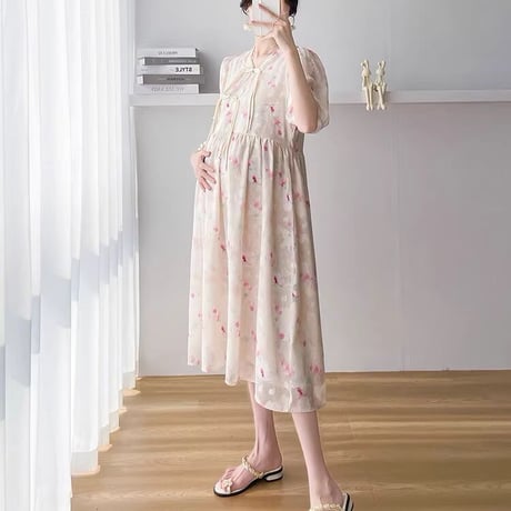 マタニティ　ワンピース　ミディ丈　フレア　シフォン　花柄