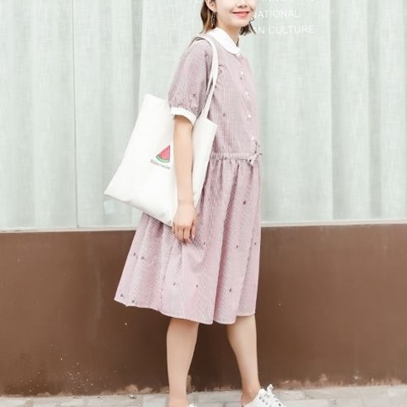 小花柄ピンクストライプ パフスリーブ 丸襟 マタニティワンピース