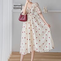 マタニティ　ワンピース　ミディ丈　Vネック　パフスリーブ　花柄　ゆったり