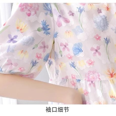 マタニティ　ワンピース　ミディ丈　ラウンドネック　パフスリーブ　花柄
