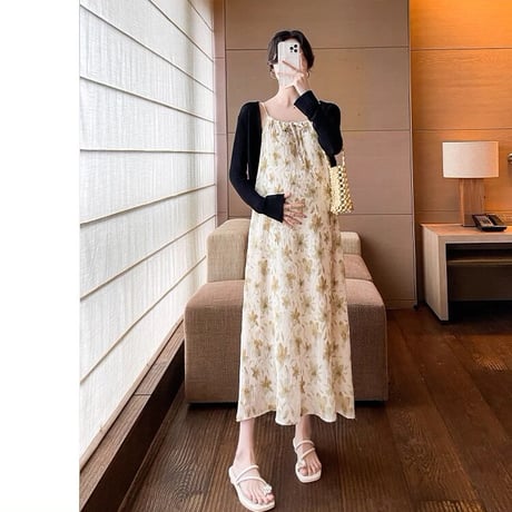 マタニティ　ワンピース　ロング丈　キャミソールワンピース　花柄