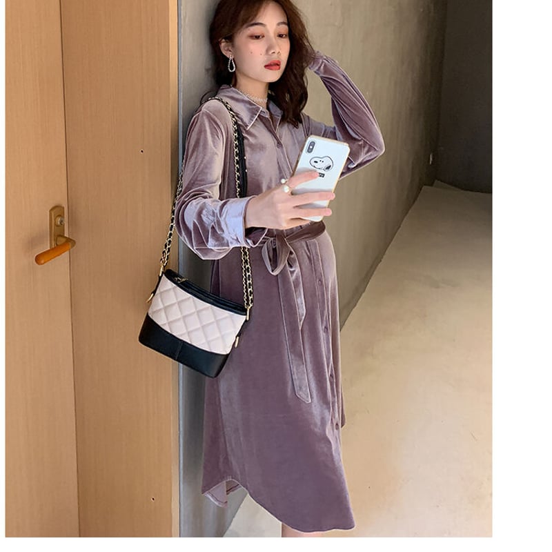 マタニティ ワンピース ミディ丈 シャツワンピース ベルベット