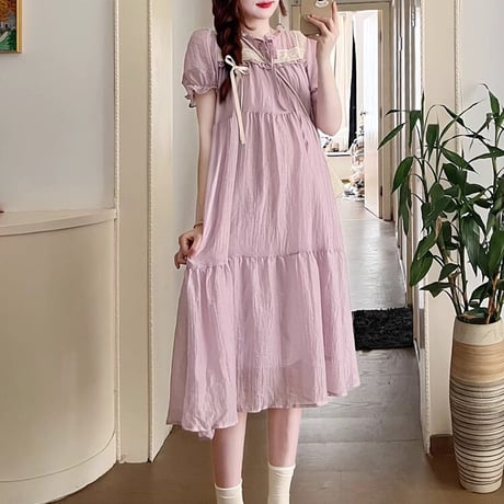マタニティ　ワンピース　ミディ丈　パフスリーブ　ガーリー　ゆったり