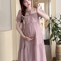 マタニティ　ワンピース　ミディ丈　パフスリーブ　ガーリー　ゆったり